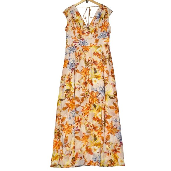 Guess Orange Floral Gilda Pleated V-Neck Cap Sleeve Maxi Dress $158 Size XL NEW! - Picture 2 of 12